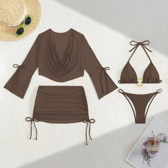 Other - Elegant Brown Women's Beach Set with Bikini Skirt 4 piece coord set